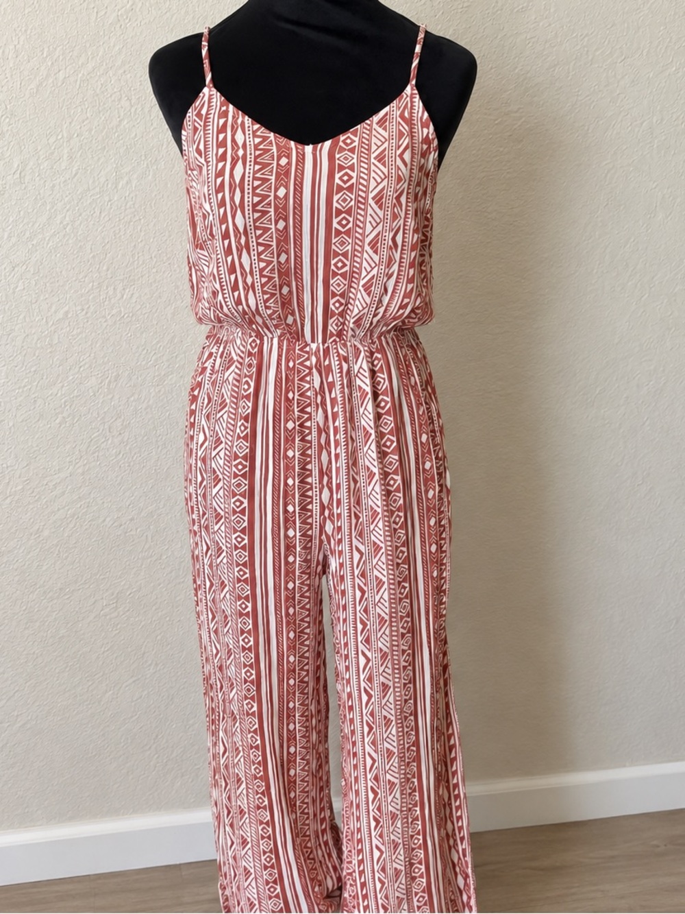 Women's Red Patterned Spaghetti-Strap Jumpsuit